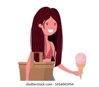 woman with swimsuit and straw picnic