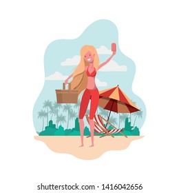 woman with swimsuit and straw picnic