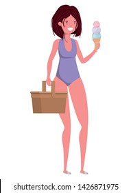 woman with swimsuit and straw picnic