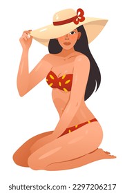 A woman in a swimsuit and a summer hat. Female in a swimsuit is sunbathing. Cartoon vector illustration.