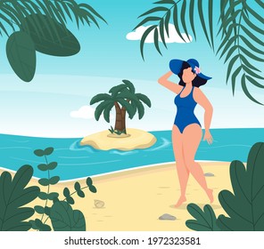 Woman in swimsuit summer hat stand on tropical beach. Blue sea island in the background. Summer vacation concept. Girl in bikini travel sea. Tropical island paradise. Palm leaves, ocean wave seaside.