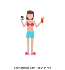Woman in swimsuit at the summer vacation holds cocktail making selfie with cellphone flat illustration isolated on the white background