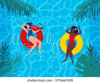 Woman in swimsuit summer vacation on swimming pool Rubber ring or inflatable ring. Blue sea island resort. Summer vacation concept. Girl in bikini. Tropical paradise. Palm leaves, wave seaside.