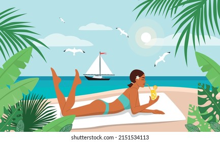 Woman in swimsuit sunbathing lying on the sea or ocean beach. Beautiful girl drinking cocktail relaxing. Summer holiday or luxury vacation. Flat vector illustration