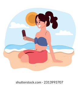 woman in swimsuit sunbathing on the beach and eating ice cream, vector illustration.