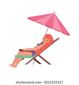 woman in swimsuit sunbathing on chair isolated over white background. vector illustration