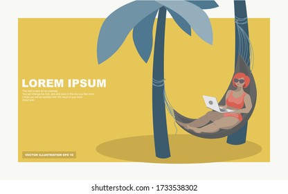 A woman in a swimsuit and sunglasses in a hammock under palm trees works on a laptop. Vector design for telework or freelance concept. Illustration with copy place. EPS 10