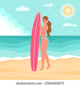 Woman in swimsuit with surfboard on the beach. Summertime, seascape, active sport, surfing, vacation concept. Flat cartoon vector illustration.