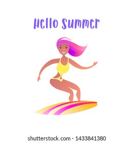 Woman in Swimsuit is Surfing. Creative Banner for Travel Agency, Party invitations with Text Hello Summer. Vector Illustration on White Background.