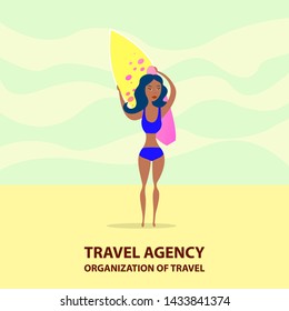 Woman in Swimsuit is Surfing and holding a Surfboard. Creative Banner for Travel agency, Party invitations. Vector Illustration on White Background.