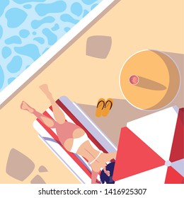 woman with swimsuit tanning in the pool