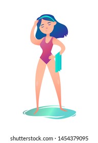 Сharacter woman in a swimsuit with a towel resting. Element for print, poster, game, flyer, site design or other design project. Vector illustration.