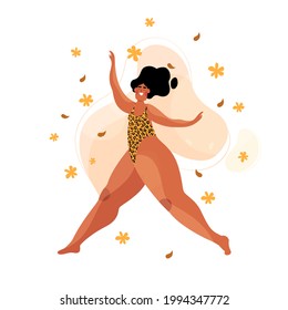 Woman in a swimsuit in a trendy body positive style in hand drawn style. Dancing plump girl. Vector stock illustration