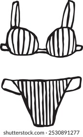 Woman swimsuit. Two piece bikini set with lines print. Hand drawn doodle ink style illustration. Black outline isolated on white.