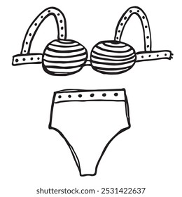 Woman Swimsuit. Two-piece fashionable swimsuit with lines and polka dots print. High-waist bottom. Doodle ink hand-drawn style element