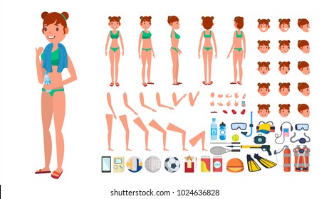 Woman In Swimsuit Vector. Animated Female Character In Swimming Bikini. Summer Beach Creation Set. Full Length, Front Side Back View. Poses, Face Emotions, Gestures. Isolated Flat Cartoon Illustration