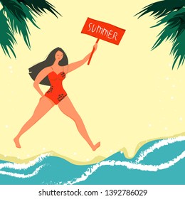 Woman in swimsuit walking on a beach and holding a sign saying "summer". Summer concept in flat modern style.