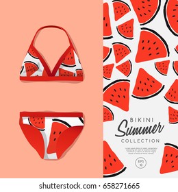 Woman Swimsuit with Watermelon Pattern : Vector Illustration