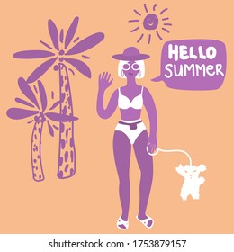Woman in a swimsuit with white cute dog. Waving hand. Speech bubble Hello Summer. Hand drawn palm illustration. Beach bikini walk. Vector stock girl character