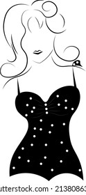 Woman in the swimsuit in white polka dots stock image. Swimsuit or underwear vector outlines.