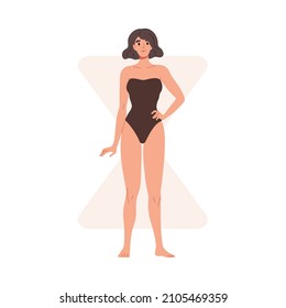 Woman in swimwear with hourglass body shape. Female in swimsuit with hour glass figure type. Slim person with thin waist. Model in underwear. Flat vector illustration isolated on white background