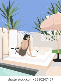 A woman in swimwear relaxing with a dog in a pool villa - a concept illustration of summer vacation