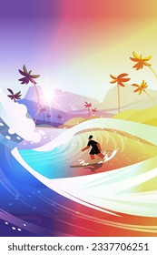woman in swimwear riding surf board by sea or ocean waves surfing sport summer activity concept