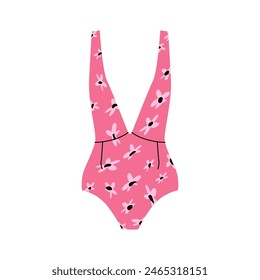 Woman swimwear. Stylish female one-piece swimsuit with deep neckline, fashionable summer beach outfit, doodle swimming suit with floral pattern. Vector flat illustration.