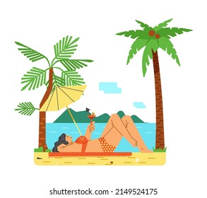 Woman in swimwear sunbathing under palm trees on the seashore, flat cartoon vector illustration isolated on white background. Summer vacation and beach leisure.