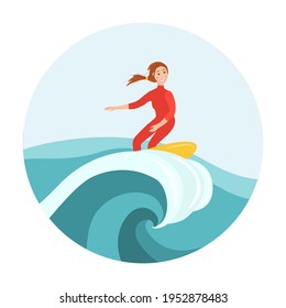 Woman in swimwear surfing in sea or ocean. Summer sport. Colorful flat cartoon vector illustration