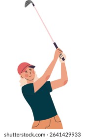 Woman swinging golf club confidently. Woman golfer in mid-swing, wearing a cap and casual clothes, perfect for sports or leisure concepts.