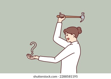 Woman swinging hammer at question mark showing courage in solving problems and fighting ignorance. Challenge for businesswoman in resolving issue requiring leadership qualities and determination