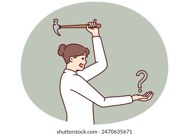 Woman swinging hammer at question mark showing courage in solving problems and fighting ignorance. Challenge for businesswoman in resolving issue requiring leadership qualities and determination