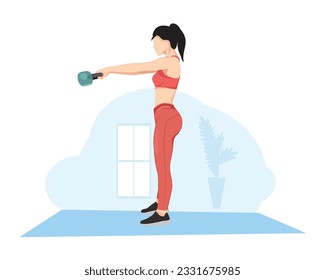Woman swinging kettlebell in mid air motion Full body length portrait vector illustration
