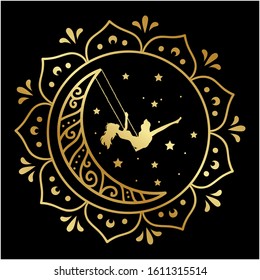 woman swinging on the moon surrounded by stars and stylized sun mandala, vector