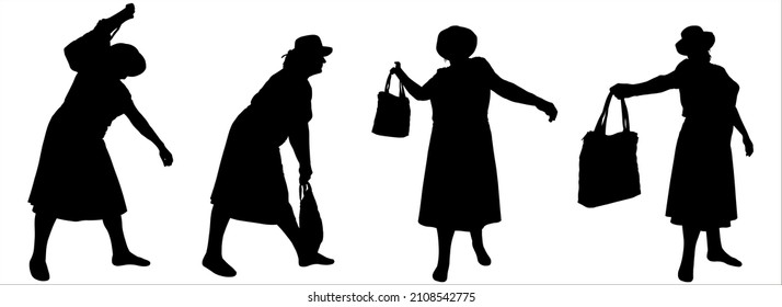 La mujer balancea su bolso, luchando contra el ataque. Cuatro posturas de autodefensa para una mujer. Silhouettes aisladas. Mujer con sombrero de verano, vestido, blusa, falda, con un bolso en la mano. Vista lateral.