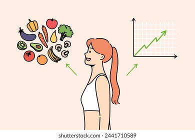 Frau, die auf ausgewogene Ernährung umgestellt wird, fühlt sich besser immun, steht in der Nähe von Gemüse und steigende Grafik. Konzept Wichtigkeit der richtigen Ernährung, um Krankheiten und das Auftreten von Cellulite zu vermeiden