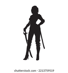 woman with sword drawn in hand and scabbard tied at waist vector silhouette