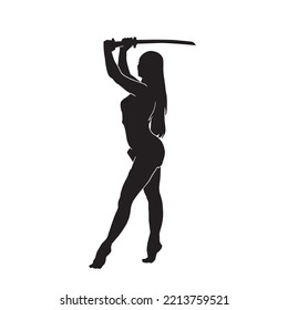 woman with sword drawn in hand and scabbard tied at waist vector silhouette