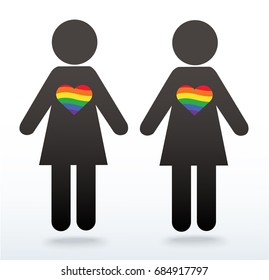 woman symbol icon with a rainbow heart, LGBT symbol, love is love, rainbow flag in heart icon, love wins  