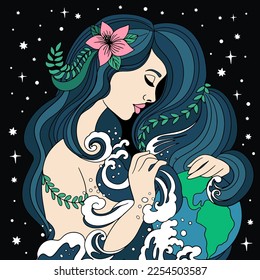 woman as a symbol of nature protects the planet earth, washes it with the waters of the ocean. Save the planet concept