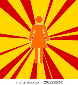 Woman symbol on a background of red flash explosion radial lines. The large orange symbol is located in the center of the sun, symbolizing the sunrise. Vector illustration on yellow background