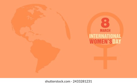 Woman symbol with text and Earth globe on orange background. International Women's day greeting card. Flat vector illustration