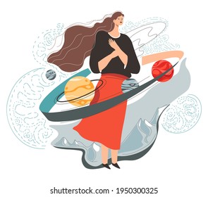 Woman symbolizing unity and harmony, mother nature. Isolated lady in space with planets and constellations. Meditation and zen, balance and serenity of female character. Vector in flat style