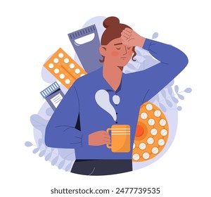 Woman with symptoms of disease. Girl suffers from headache. Tired character with fever, cold and flu. Treatment of infection and diseases. Health care and medicine. Cartoon flat vector illustration