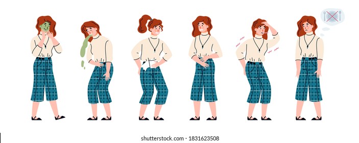 Woman with symptoms of food poisoning. Set of female characters with stomach diseases - diarrhea and nausea, abdominal pain and fever, malaise and vomiting. Vector illustrations