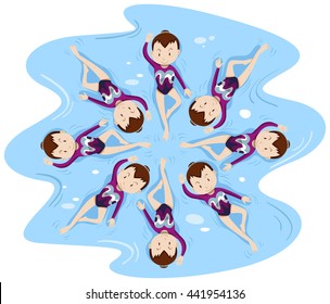 Woman synchronised swimming in group illustration