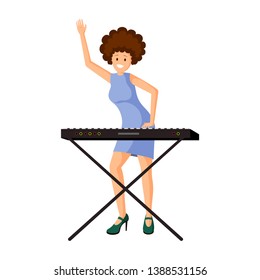 Woman at synthesizer vector illustration. Cheerful female musician, pianist playing electronic musical instrument. Smiling girl, piano player with curly afro style hairdo waving hand, greeting gesture