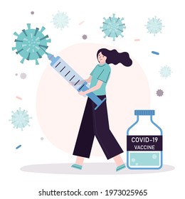 Woman with syringe fights coronavirus bacteria. Girl with antiviral drug fighting covid-19. Bottle with vaccine dose from corona. Concept of protection and prevention from viruses. Vector illustration