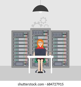 Woman System Administrator. Technologies Server Maintenance Support Descriptions. Vector illustration in flat style.